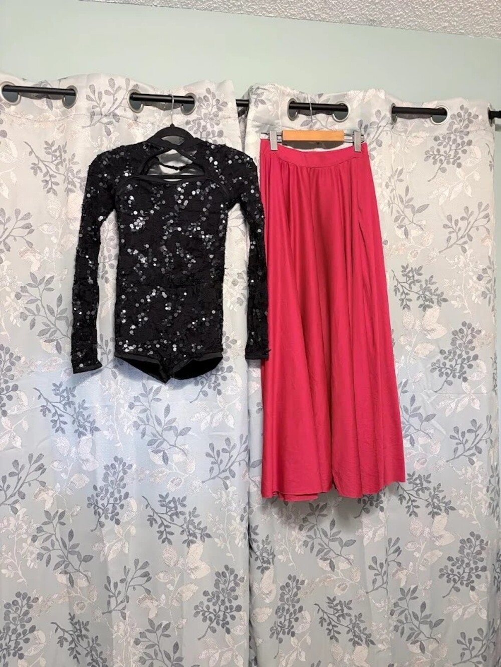 Dance Costume - Adult Small - Two-Piece Black Sequined Lace Top, Red Skirt